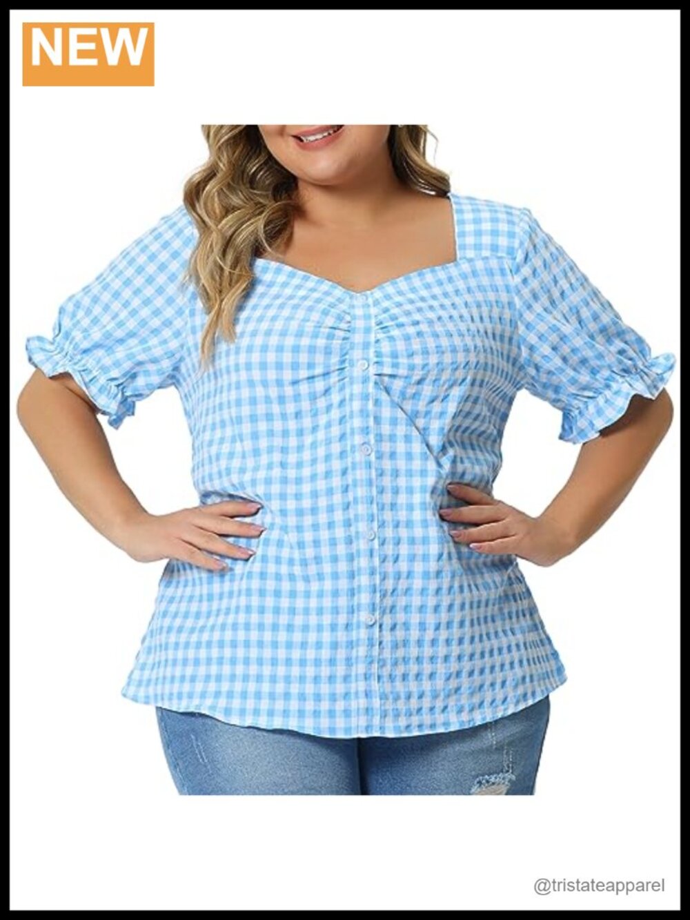 Plus Size Gingham Blouse Sweetheart Neck Flounce Sleeve Summer Women's Top